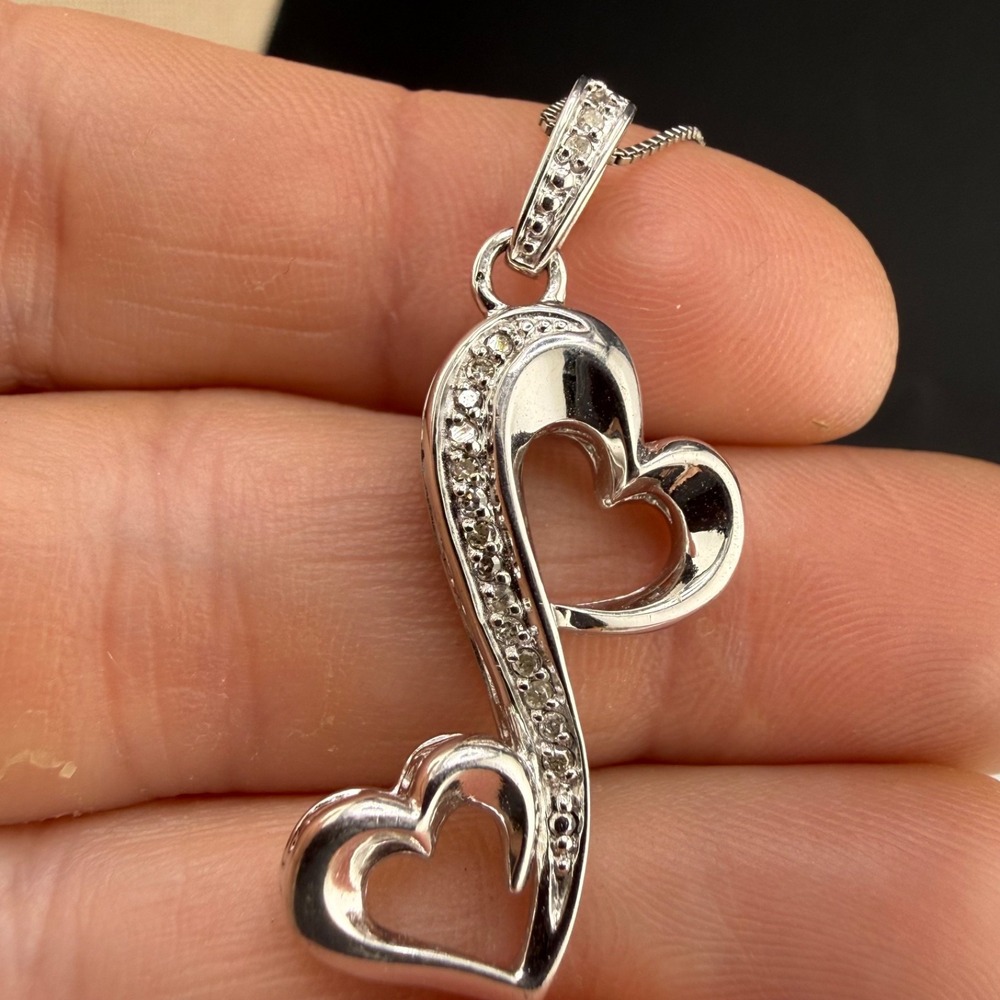 Signed Sterling Silver Double Heart Necklace Rhinestone Box Chain 18”